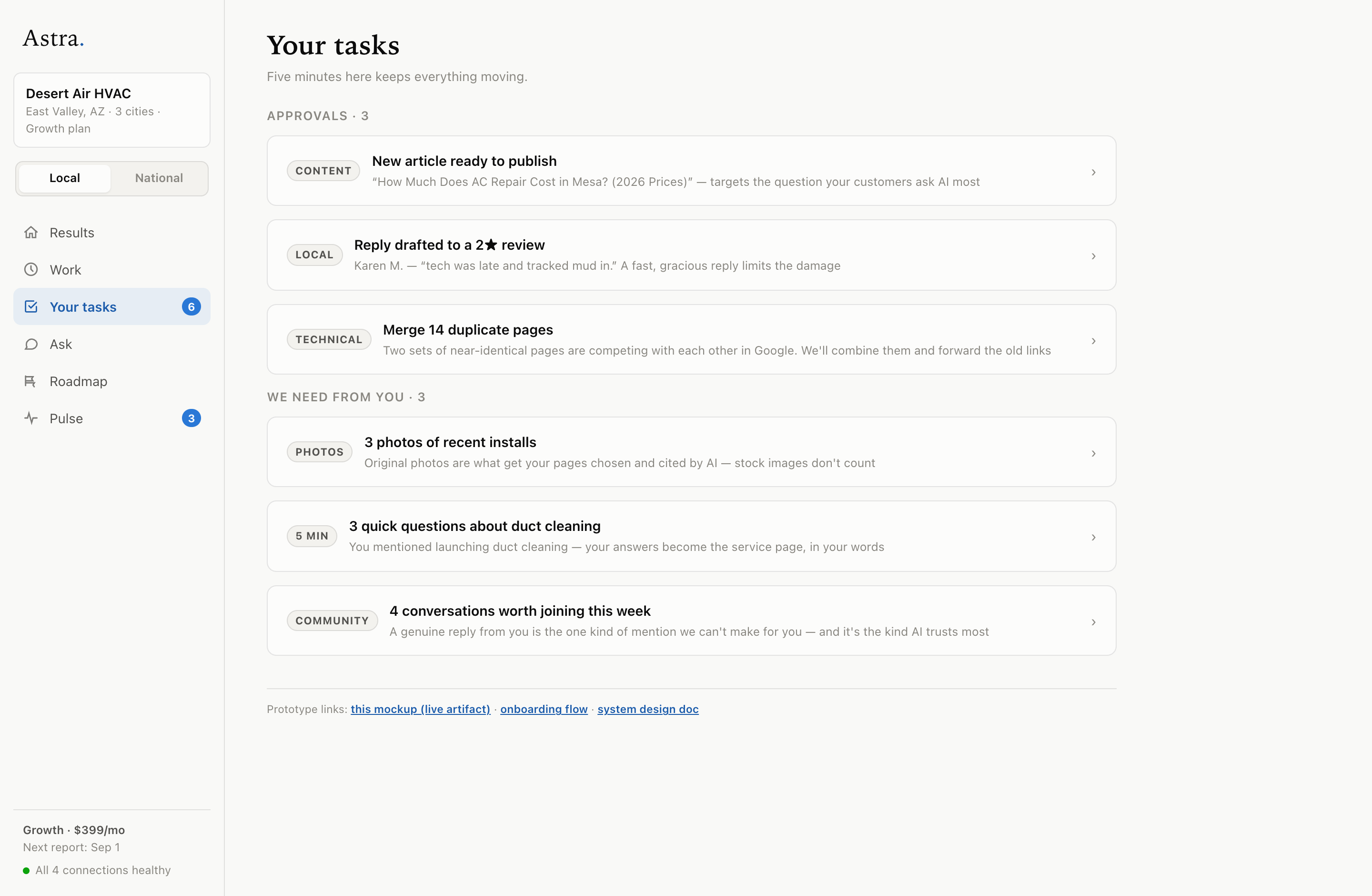 Astra Your Tasks screen — approvals with previews
